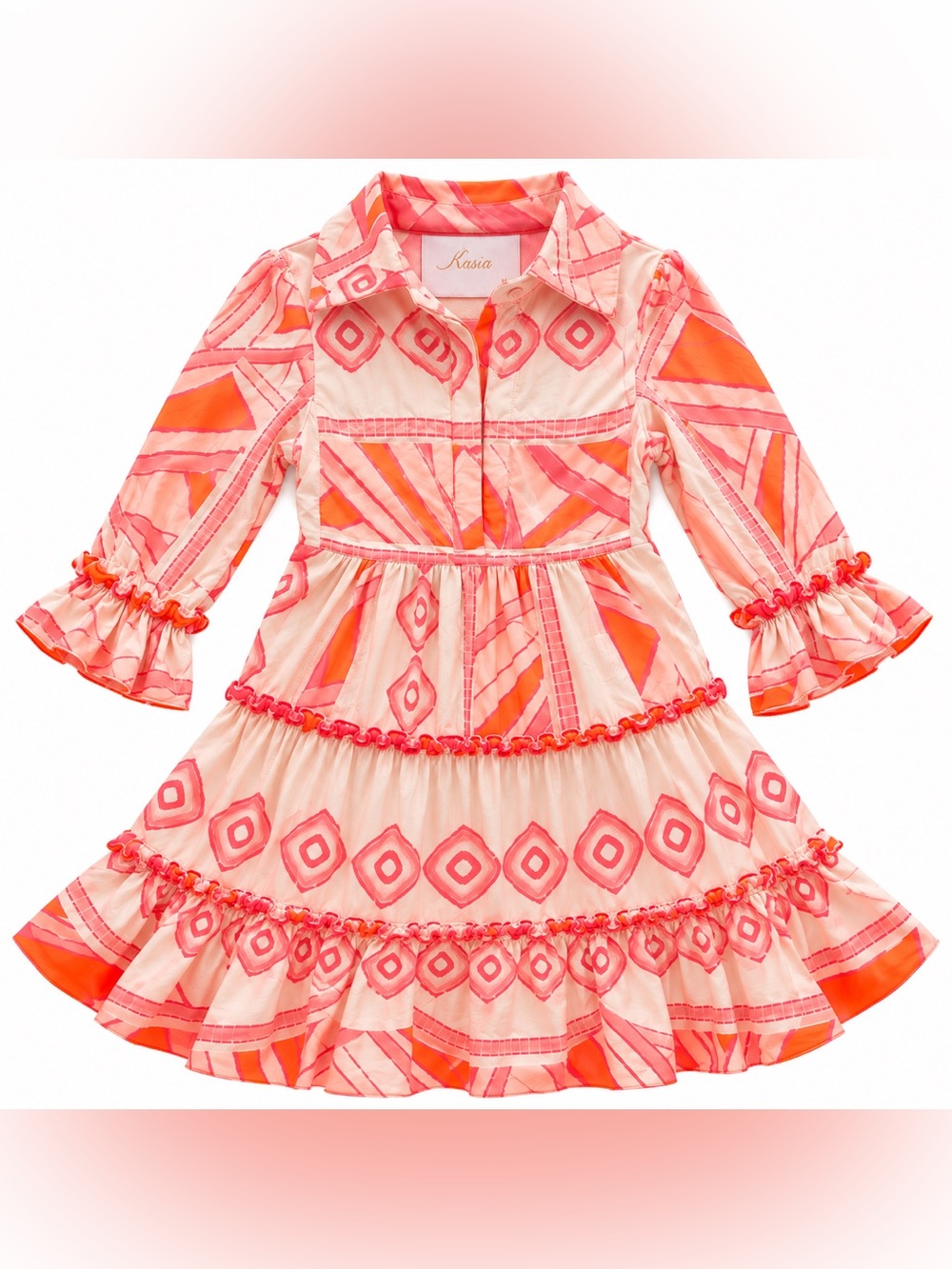 Designer dress- Kasia Cream & Coral Boho Tiered Geometric Dress
